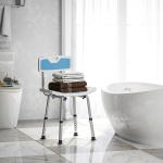 Cadeira de Duche para Idosos com Encosto e Altura Ajustável em 6 Níveis, Carga Máxima de 136 kg Azul Claro e Branco