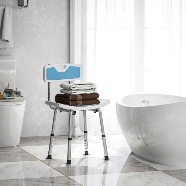Cadeira de Duche para Idosos com Encosto e Altura Ajustável em 6 Níveis, Carga Máxima de 136 kg Azul Claro e Branco