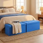 Puff de Armazenamento Banco de Armazenamento Dobrável 84 L 76x38x38 cm Estofado em Linho Sintético Azul Claro