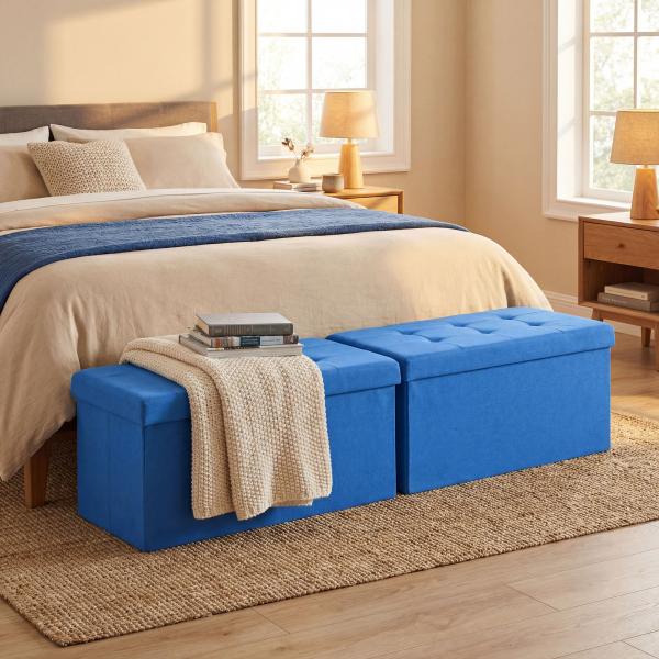 Puff de Armazenamento Banco de Armazenamento Dobrável 84 L 76x38x38 cm Estofado em Linho Sintético Azul Claro