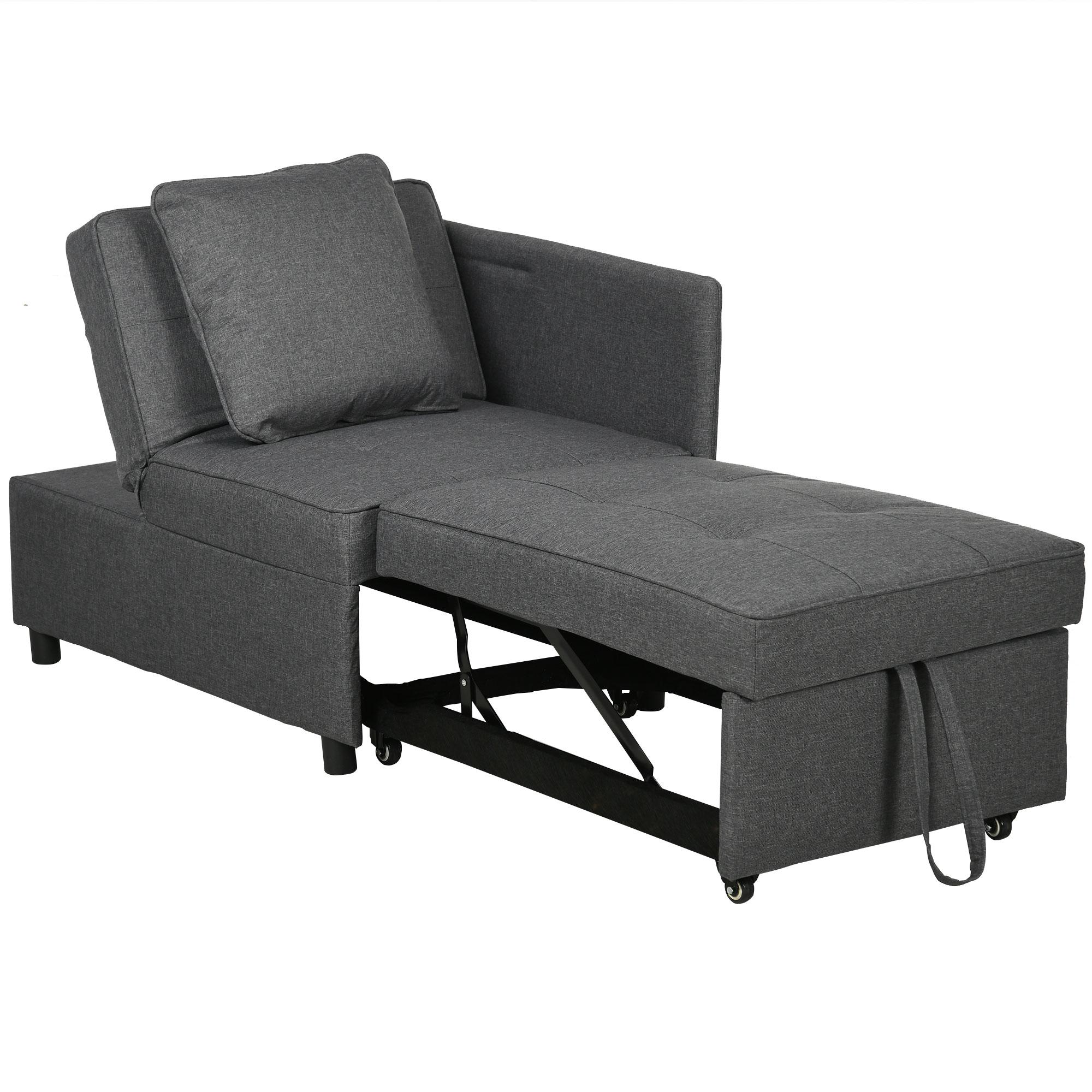 Sofá Cama 3 em 1 Sofá de 2 Lugares com Encosto Ajustável Sofá Cama Individual com Almofadas 65x98x69 cm Cinzento