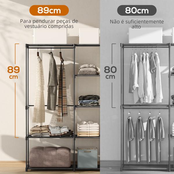 Armário para Roupas 182x43x185 cm Armário Aberto com 8 Prateleiras de Tecido Barras para Pendurar 182x43x185 cm Preto