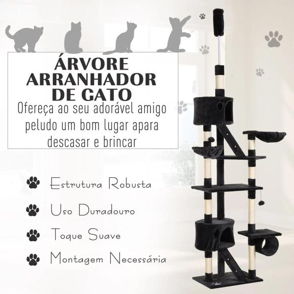 Árvore arranhador para Gatos com Altura Ajustável Plataformas Múltiplas Caverna Cestas e Escadas em Sisal Natural e Pelúcia 60x45x240 - 260 cm Cinza Escuro