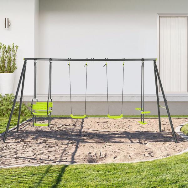 Conjunto de Baloiços Infantil com 2 Baloiços Baloiço Duplo e Estrutura de Aço para Crianças de 3 - 8 Anos 355x184x186 cm Verde