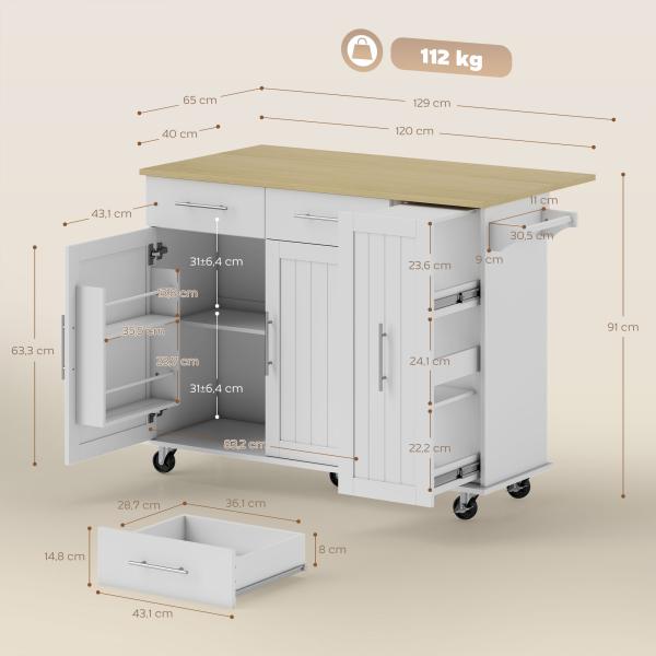 Ilha de Cozinha com Rodas Bancada Dobrável 2 Portas com Fecho Suave e Bandeja Extraível 129x65x91 cm Branco