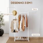 Charriot com Rodas 5 Ganchos Barra para Pendurar e Prateleira Inferior 68x43x171 cm Branco