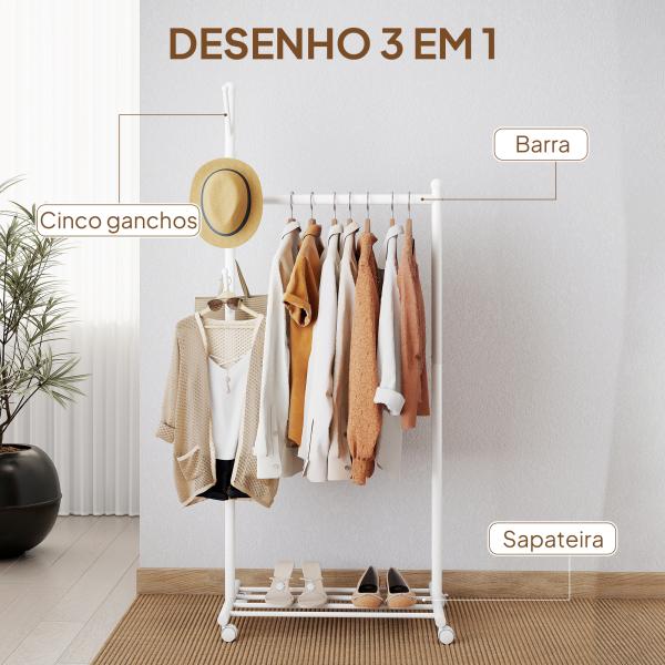 Charriot com Rodas 5 Ganchos Barra para Pendurar e Prateleira Inferior 68x43x171 cm Branco