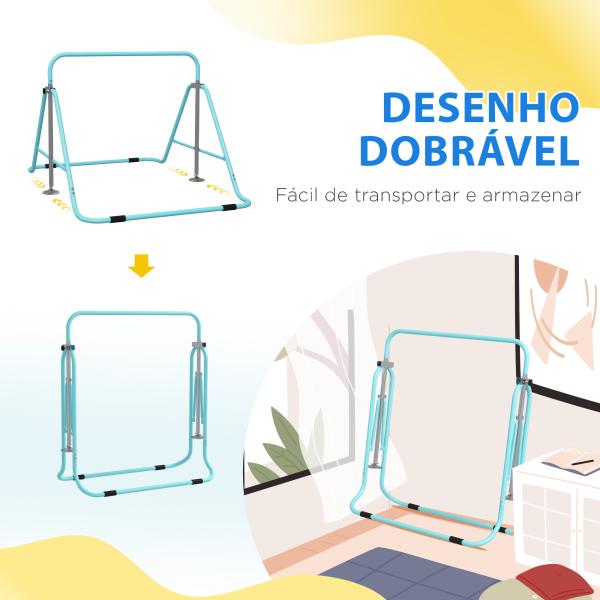 Barra de Ginástica para Crianças Dobrável com Altura Ajustável para Treino em Casa 154x106,2x88,5 - 128,5 cm Azul Celeste