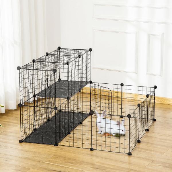 Recinto para Pequenos Animais DIY com 24 Painéis com Grade Metálica Recinto Modular para Coelhos Chinchilas 105x105x70cm