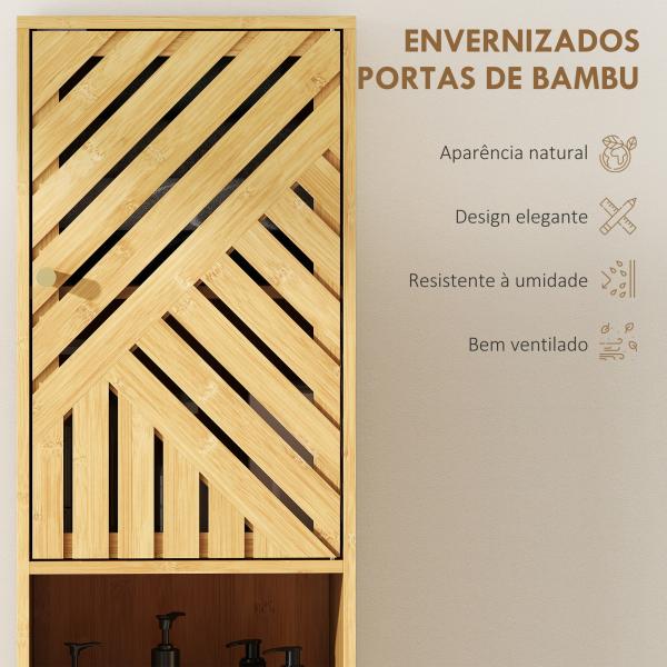 Coluna de Casa de Banho Estreita Armário de Casa de Banho Alto com Portas e Pés de Bambu 32x30x170 cm Madeira