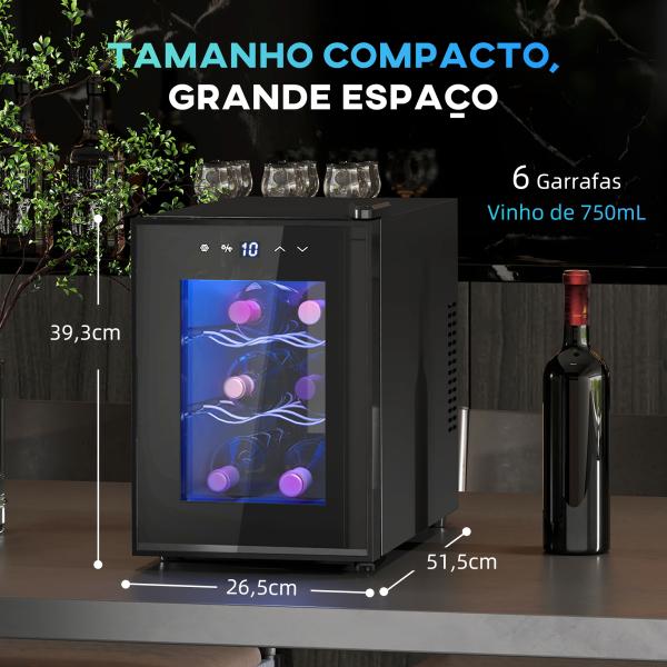 Cave de Vinho para 6 Garrafas com Luz LED Ecrã Tátil Controlo de Temperatura e 2 Prateleiras Ajustáveis 26,5x51,5x39,3 cm Preto