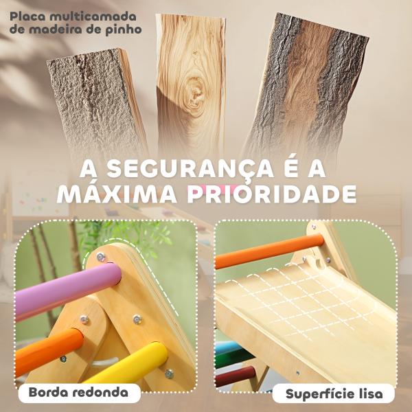 Triângulo de Escalada de Madeira 2 em 1 Escalada para Crianças de 18 - 48 Meses com Rampa para Deslizar ou Escalar 147x64,5x63 cm Multicor