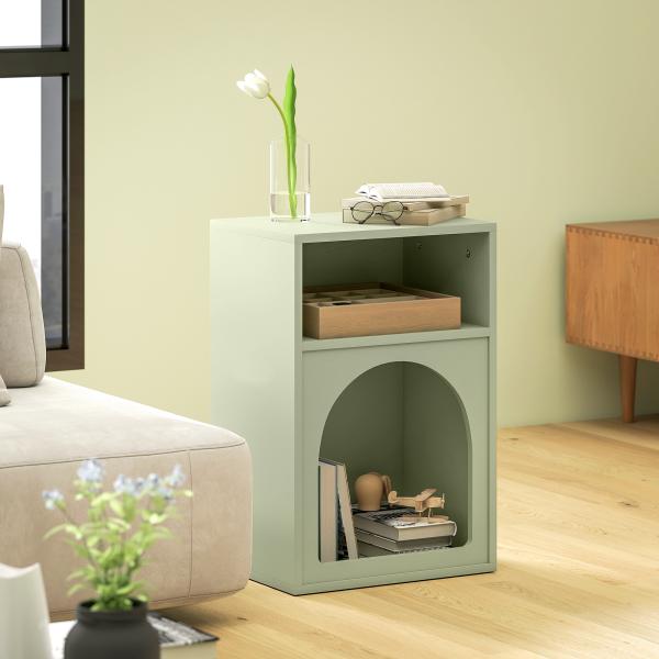 Mesa de Cabeceira Moderna Mesa de Cabeceira Estreita com 2 Compartimentos Abertos Desenho em Forma de Arco 40x30x60 cm Verde