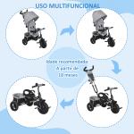 Triciclo para Bebés 2 em 1 de +12 Meses com Capota Dobrável Guiador Telescópico e Removível Bolsa e Porta - garrafas Cinza