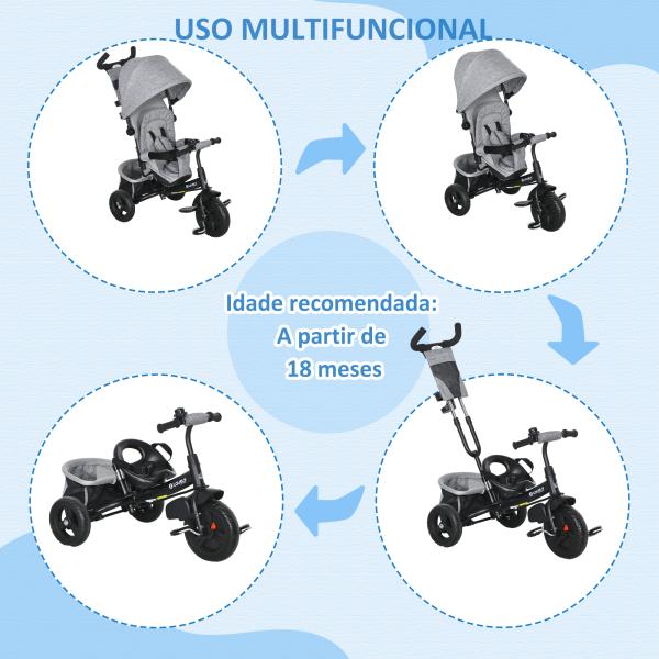 Triciclo para Bebés 2 em 1 de +12 Meses com Capota Dobrável Guiador Telescópico e Removível Bolsa e Porta - garrafas Cinza