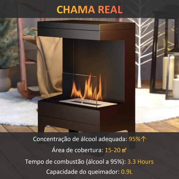 Lareira de Bioetanol com Depósito de 0,9L Apagador de Chamas de Aço Inoxidável Tempo de Combustão 3,3H para Interiores 15 - 20 m² 38x22x54 cm Preto