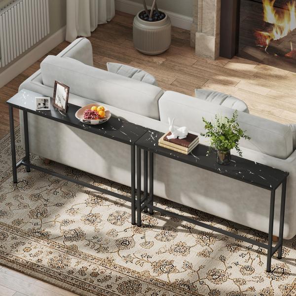 Mesa Consola Moderna Consola de Entrada Estreita com Superfície com Efeito Mármore e Estrutura de Metal 100x20x66 cm Preto