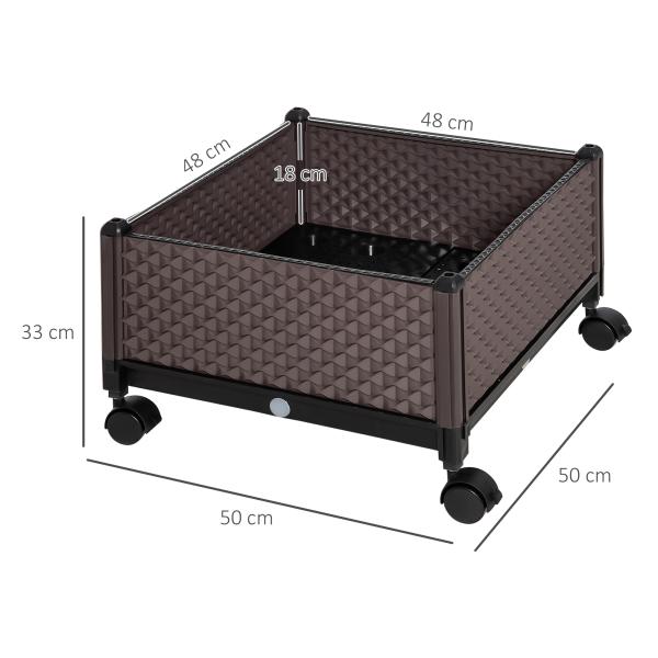 Floreira com Rodas com Orifícios de Drenagem para Cultivo de Plantas em Exterior Pátio 50x50x33cm Marrom