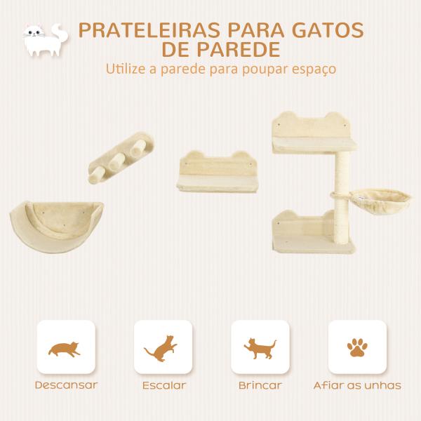 Prateleiras de Parede para Gatos 4 Peças com Rede Plataforma Semicircular Plataformas de Salto e Poste de Sisal Bege