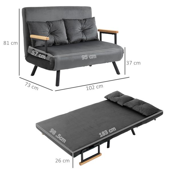 Sofá Cama Sofá Convertível em Cama de 2 Lugares Dobrável com Encosto Ajustável em 5 Níveis e 2 Almofadas 102x73x81 cm Cinza