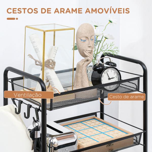 Carrinho Auxiliar com Rodas de 5 Níveis com Cestos de Malha Removíveis e Estrutura de Aço 45x26,5x106 cm Preto