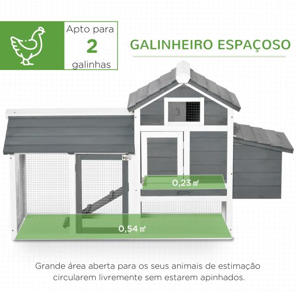 Galinheiro de Madeira para Exterior Gaiola para 2 - 3 Galinhas com Cercado de Arame Teto Abatível Caixa Ninho Bandeja Removível e Rampa 150,5x54x87cm Cinza e Branco