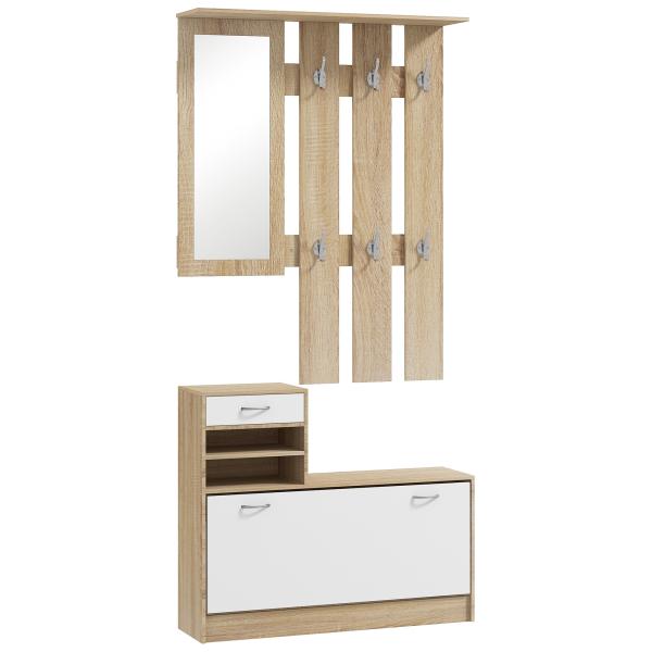Móvel Cabide de Entrada de 3 Peças Armário de Entrada com Cabide Espelho Sapateira e Gaveta 90x10x102 cm Branco e Madeira