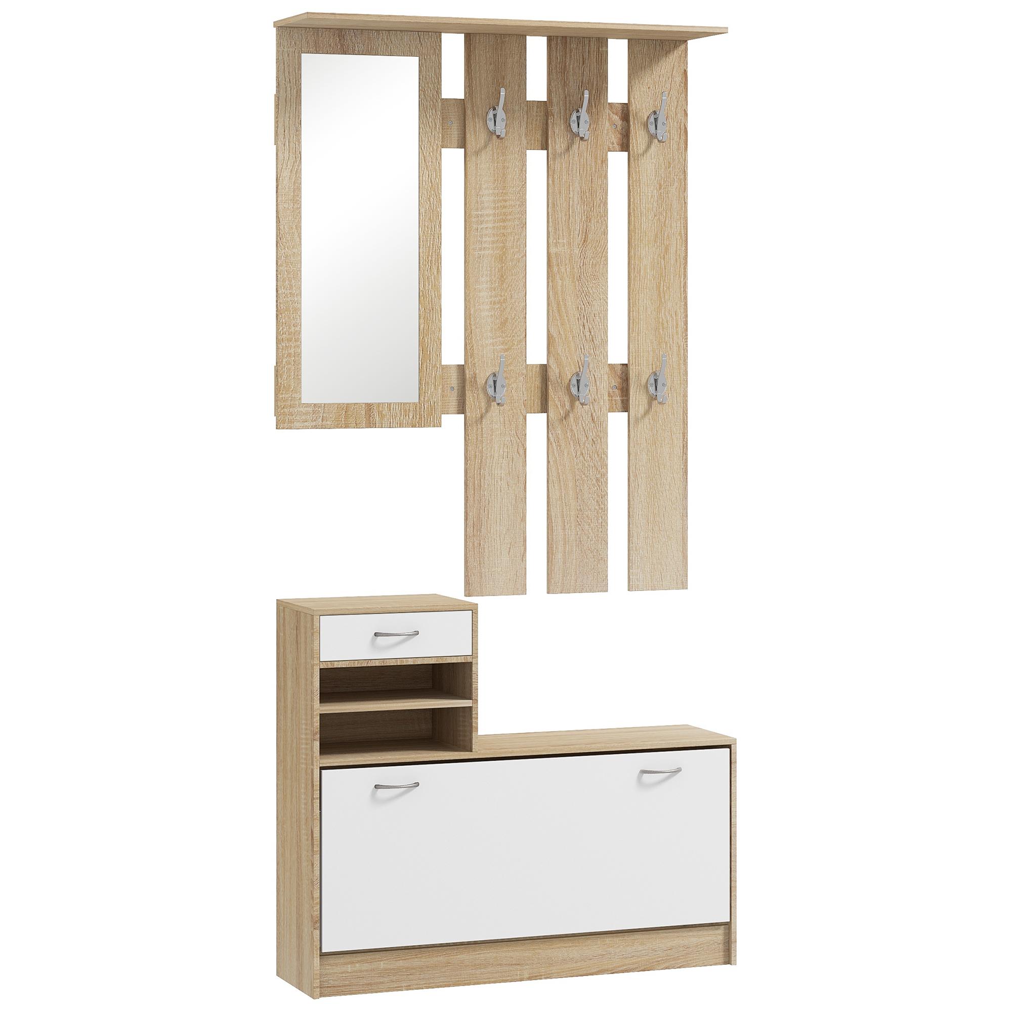 Móvel Cabide de Entrada de 3 Peças Armário de Entrada com Cabide Espelho Sapateira e Gaveta 90x10x102 cm Branco e Madeira