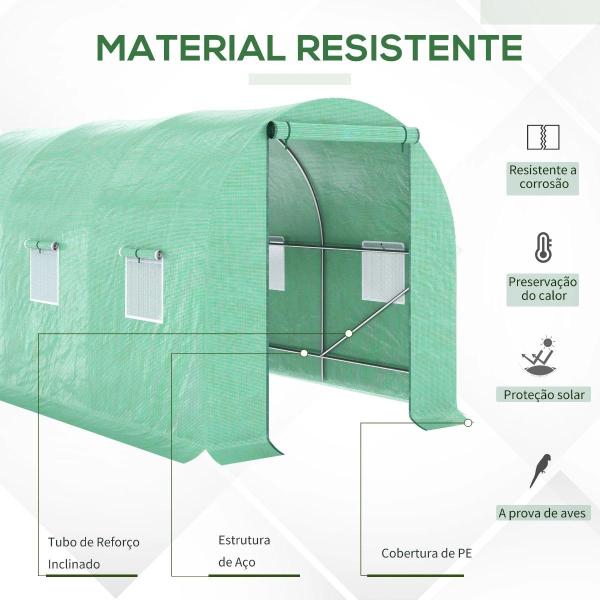 Estufa Tipo Túnel 400x200x200cm Estufa de Túnel com Portas Enroláveis e 6 Janelas Cobertura de PE 140 g/m² Estrutura de Metal para Cultivo de Plantas Verduras Verde