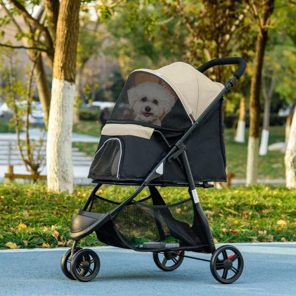 Carrinho para Cães Dobrável para Cães Pequenos com Cesta de Armazenamento Janela de Malha Capa para Chuva 80,5x51,5x100 cm Caqui