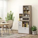 Armário de Cozinha Alto com 3 Portas, 9 Prateleiras, Gaveta e Prateleiras Ajustáveis, Estilo Moderno, 80x35x180 cm, Branco e Carvalho