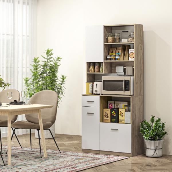 Armário de Cozinha Alto com 3 Portas, 9 Prateleiras, Gaveta e Prateleiras Ajustáveis, Estilo Moderno, 80x35x180 cm, Branco e Carvalho