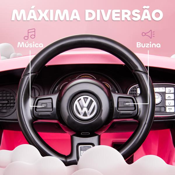 Carro Elétrico para Crianças Carro Elétrico Infantil Volkswagen Beetle com Bateria 12V Faróis Buzina e Música 97x56,5x46 cm Rosa