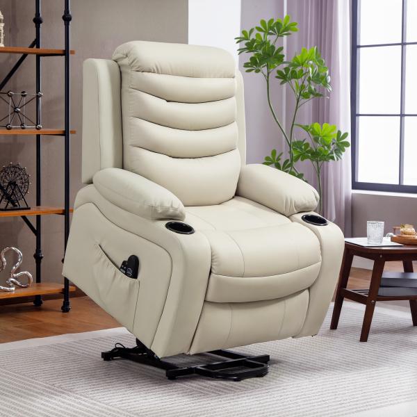 Poltrona Relax Reclinável Elétrica Elevatória com Massagem Vibratória Aquecimento e Porta USB 93x95,5x100 cm Creme