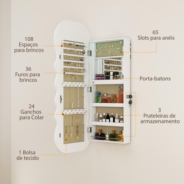 Espelho - Joalheiro com Luz LED Montado na Parede ou na Porta com Fechadura, Espelho de Corpo Inteiro Branco