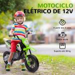 Mota Elétrica para Crianças com Bateria 12V Música Velocidade 2,4 - 5 km/h e Rodas Auxiliares 107x56x70 cm Verde