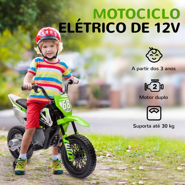Mota Elétrica para Crianças com Bateria 12V Música Velocidade 2,4 - 5 km/h e Rodas Auxiliares 107x56x70 cm Verde