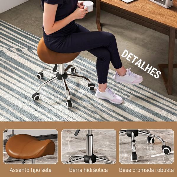 Banco Giratório com Rodas e Altura Ajustável para Estética, Dentista e Cabeleireiro – 52x53x49 - 61 cm, Castanho