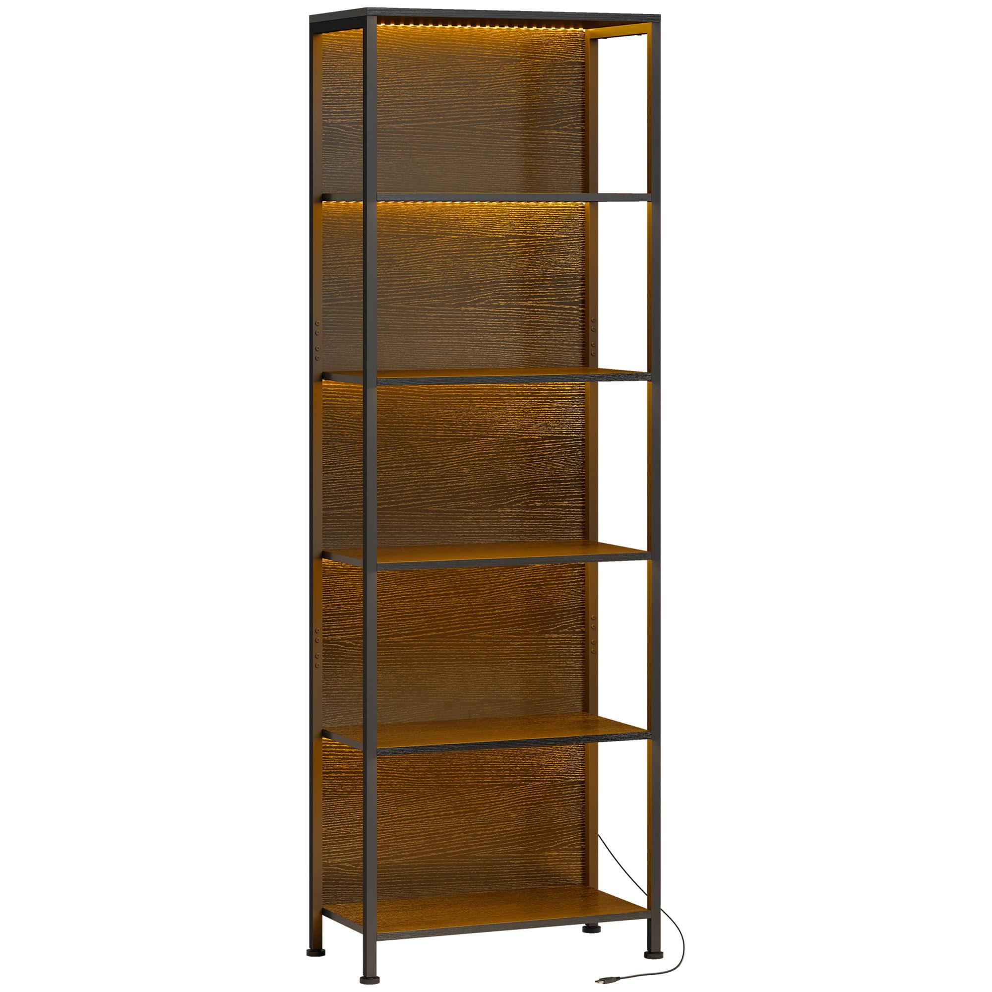 Estante de 5 Níveis com Luzes LED de 7 Cores Estante para Livros Estante de Estilo Industrial 60x30x179 cm Preto