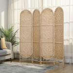 Biombo Separador de 4 Painéis 160x170 cm Painel de Privacidade Dobrável Boémio com Topo Arqueado Entrançado à Mão Madeira