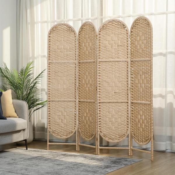 Biombo Separador de 4 Painéis 160x170 cm Painel de Privacidade Dobrável Boémio com Topo Arqueado Entrançado à Mão Madeira
