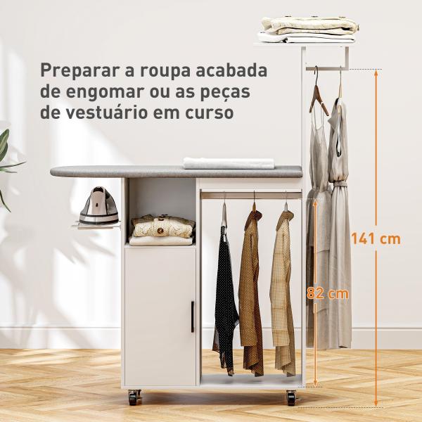 Móvel de Engomar Roupa com Rodas e Suporte Lateral Móvel com Tábua de Passar Barra para Roupa Prateleira 127,5x43,5x153 cm Branco