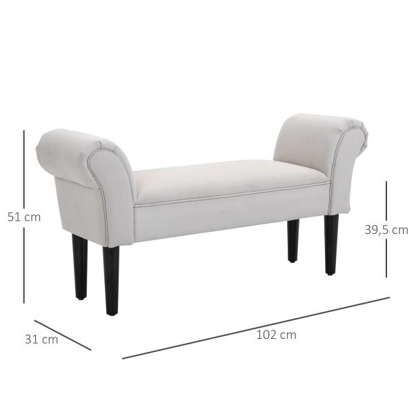 Banco de Pé de Cama Banco com Braços Curvados Estofado e Pés de Madeira Carga Máxima 130kg 102x31x51cm Creme