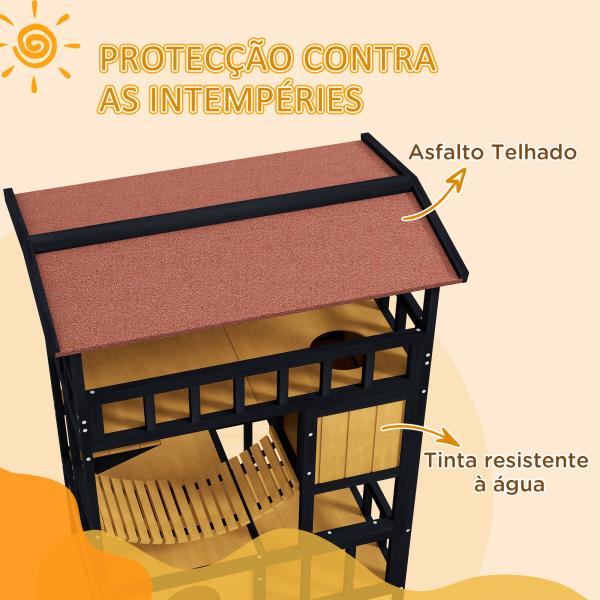 Casa para Gatos de Madeira 84x60x116 cm Abrigo para Gatos de 4 Níveis para Exterior com Ponte Suspensa Varanda Natural