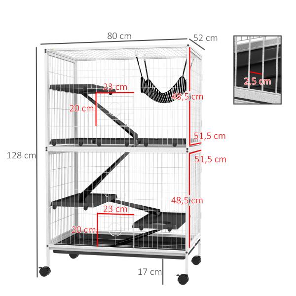 Gaiola para Roedores 80x52x128 cm Casa de 4 Alturas com Rampas Suspensa Rede Bandeja Removível Rodas Branco Rajado e Preto