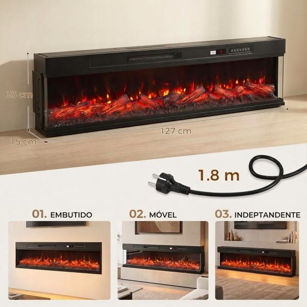 Lareira Elétrica Encastrável ou de Chão 750/1500W, 3 Lados, 12 Cores de Chama 3D, Termóstato, Comando à Distância, Preto