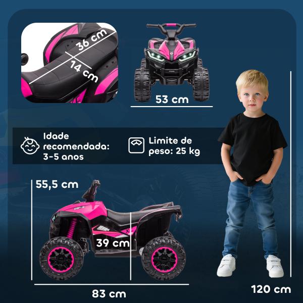 Quadriciclo Elétrico para Crianças de 3 - 5 Anos Veículo Eléctrico a Bateria 12V com 2 Motores 83x53x55,5 cm Rosa