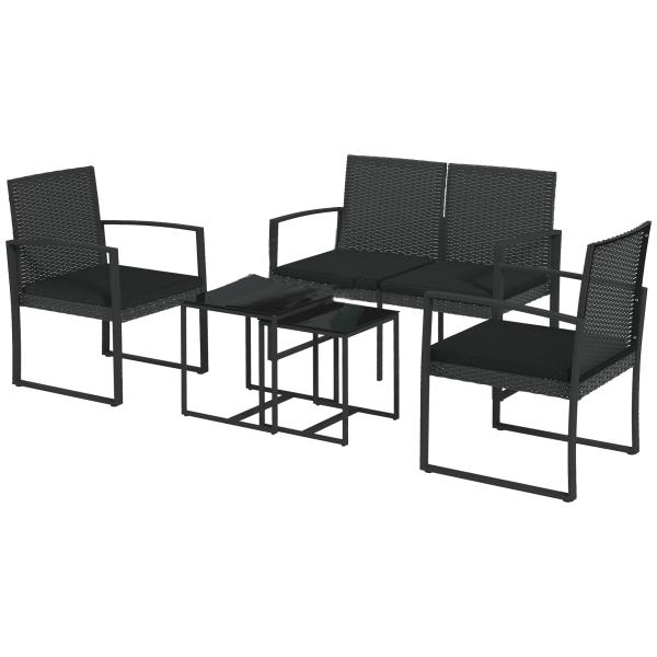 Conjunto Móveis de Jardim de Vime Sintético com 2 Poltronas Individuais 1 Sofá Duplo e 2 Mesas de Centro Preto
