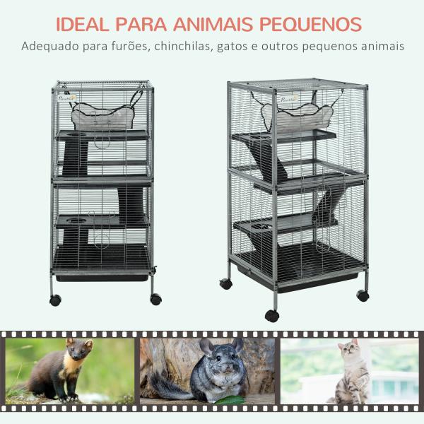 Gaiola para Roedores 52x52x113,5cm Gaiola para Furões com Rodas 2 Portas 3 Rampas Rede Suspensa e Bandeja Removível para Cobias Hamsters Cinza Prata