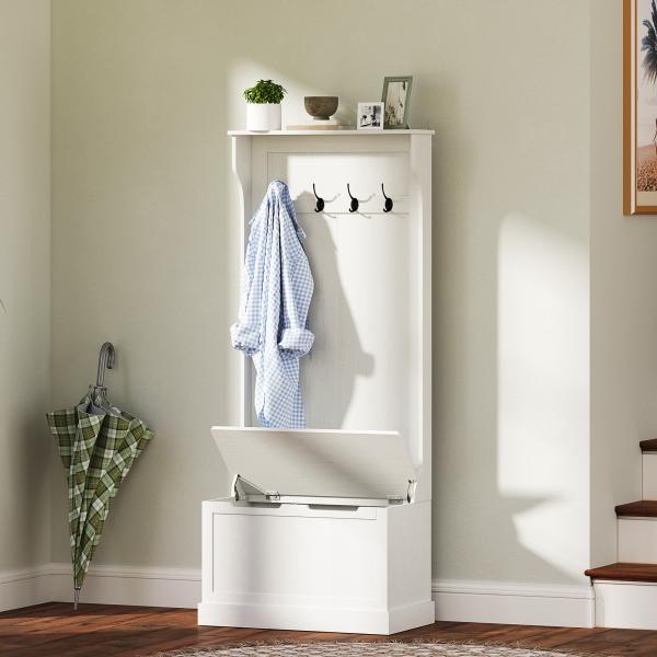 Móvel de Entrada com Cabide, Banco e Arrumação Branco Moderno 71,5x39,5x170 cm